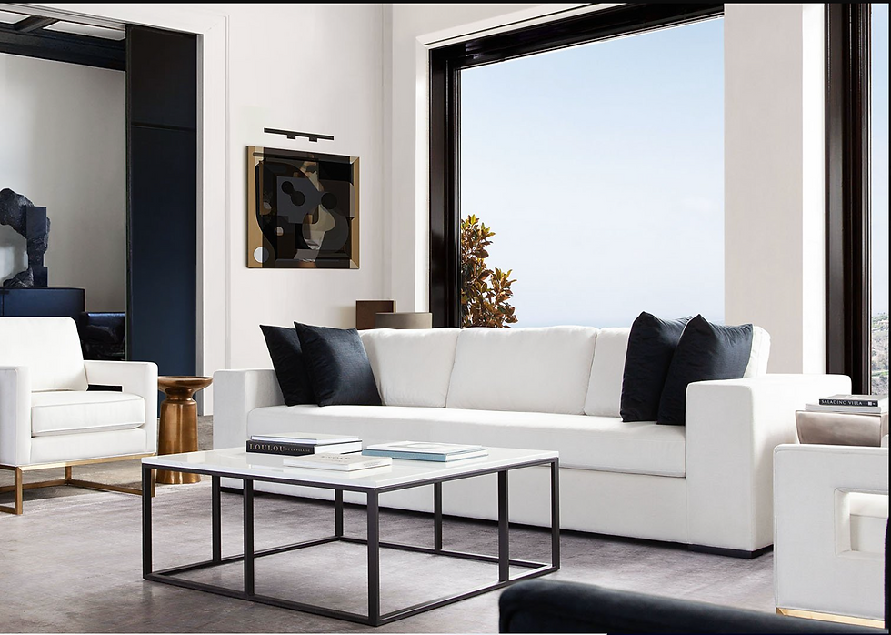 Muse Sofa In Mist White Performance Fabric With Black Accent Pillows