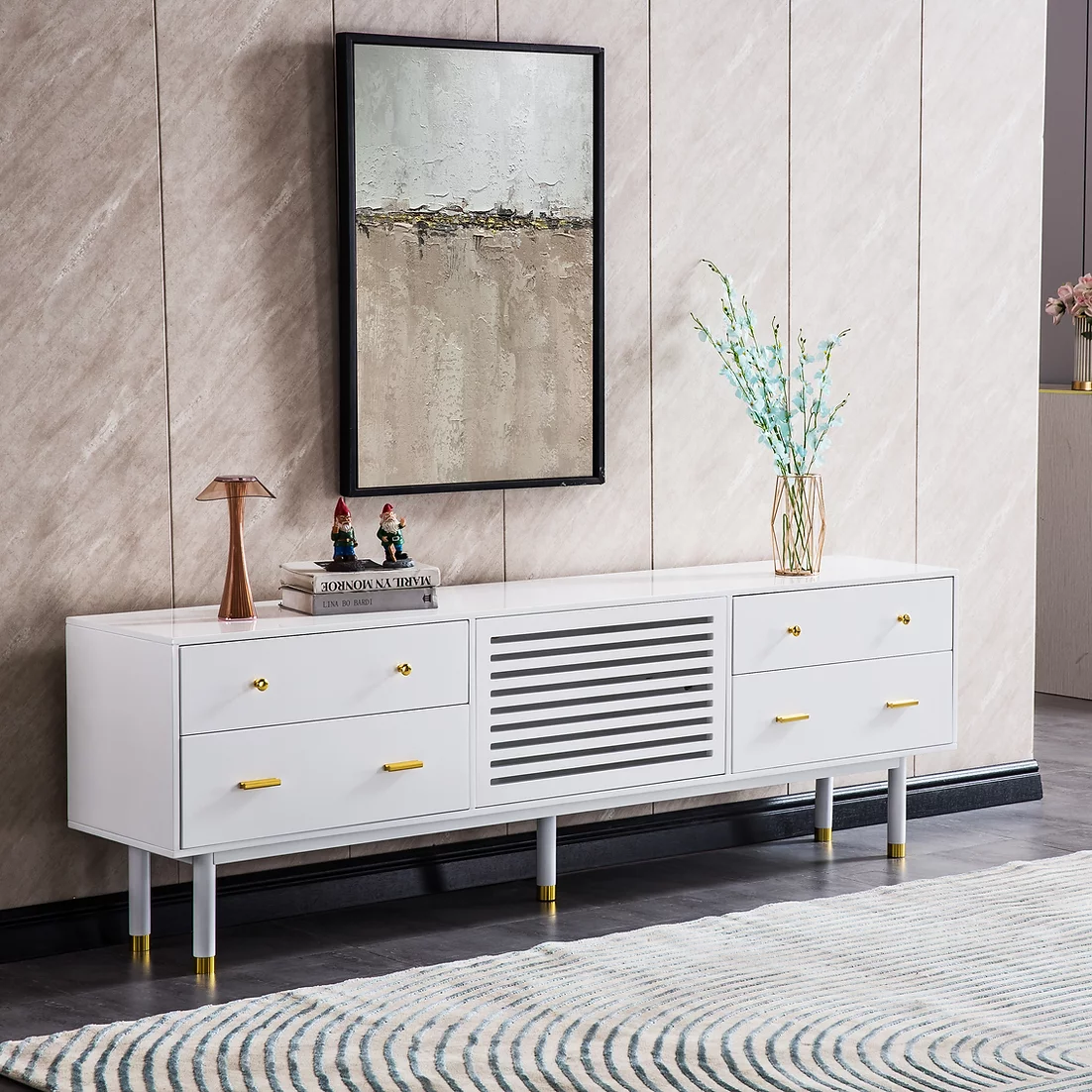 WHITE LACQUER WITH GOLD TV STAND TV005 Artisan