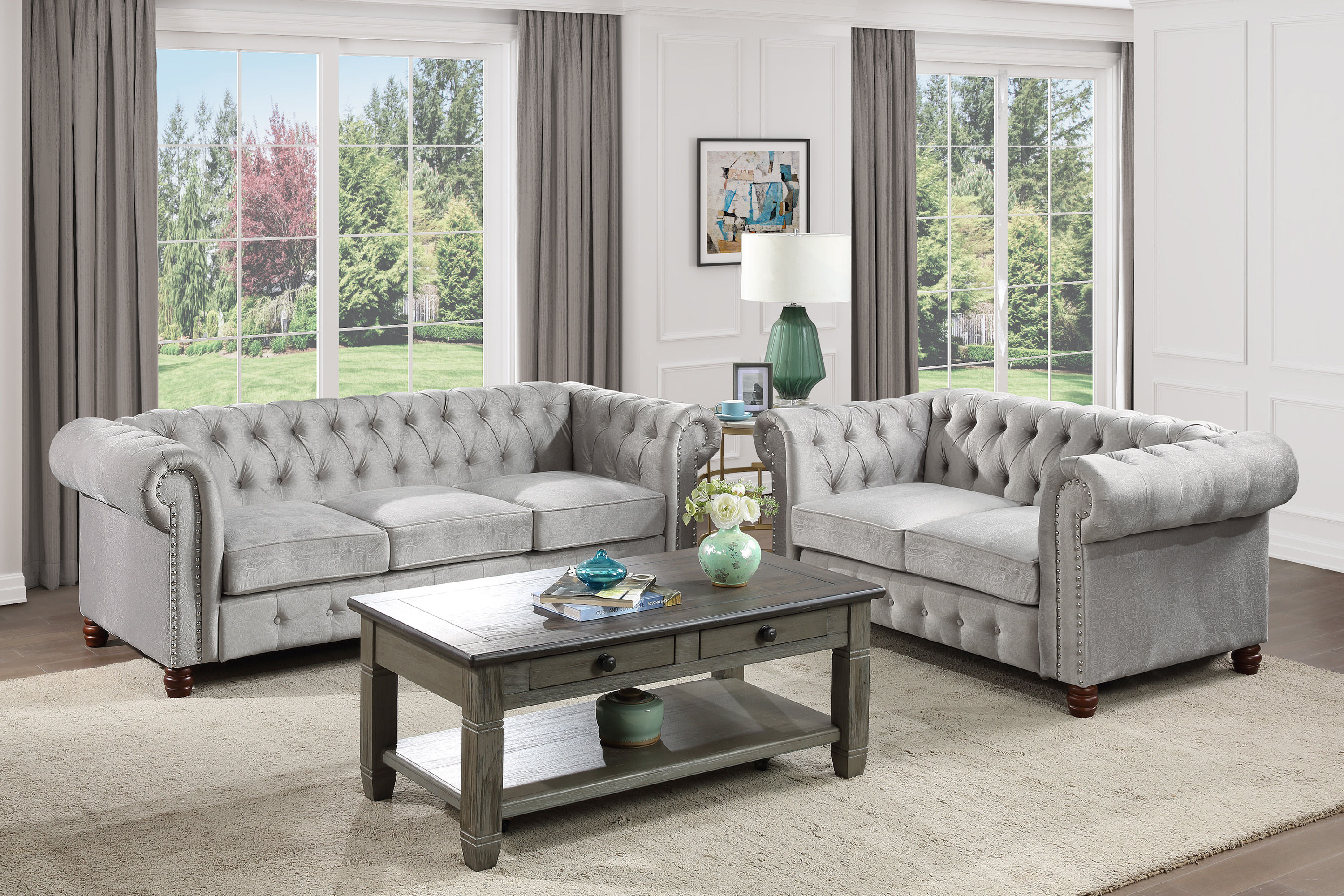 Chesterfield Tufted Gray Velvet Sofa Welwyn 9326GY-3