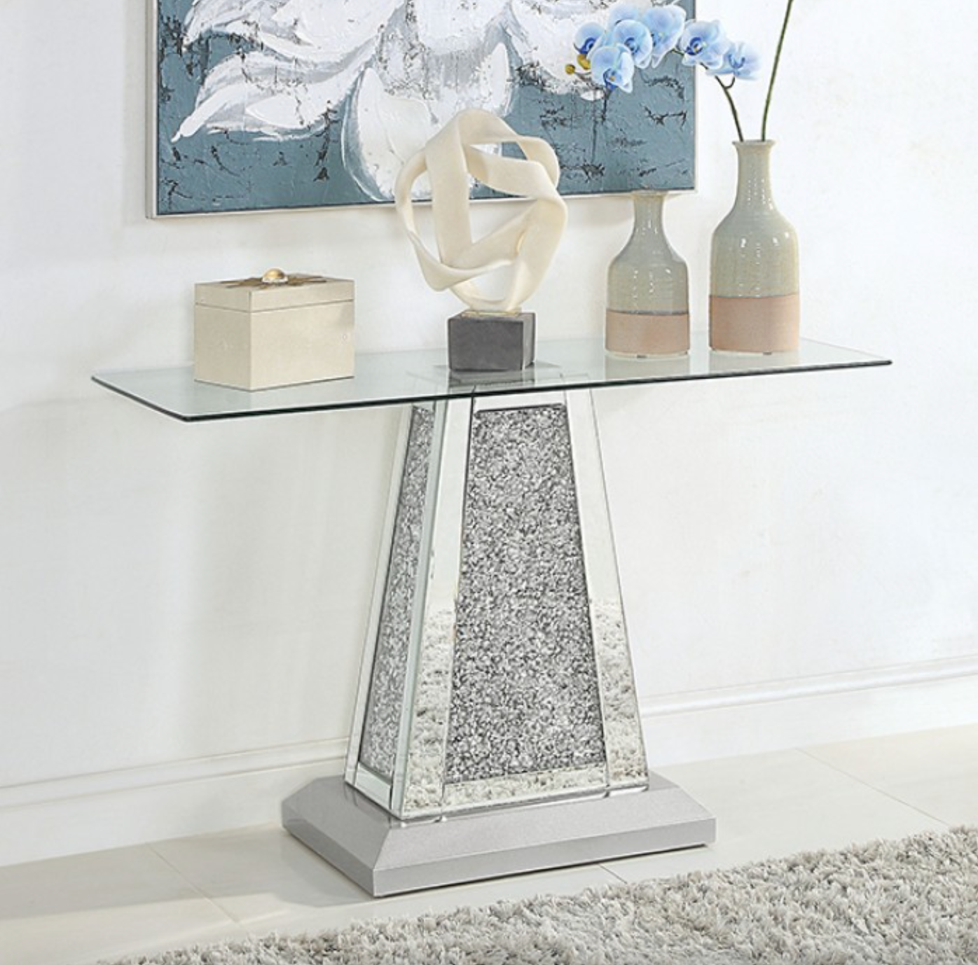 Glam Silver Mirror Glass Top Sofa Table FOA CM4516S