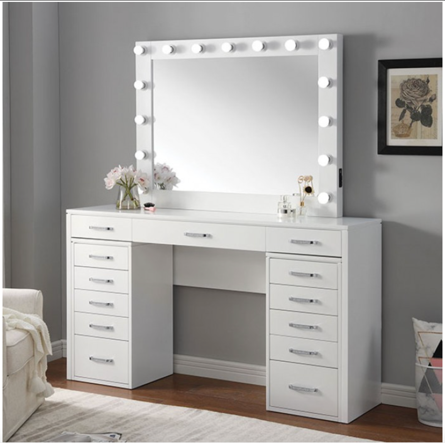Glam White Vanity w/LED Mirror APHRODITE CM-DK933WH