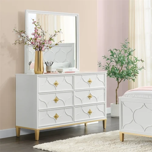 6 Drawer White and Gold Dresser and Mirror Emma EuroclassicFurniture