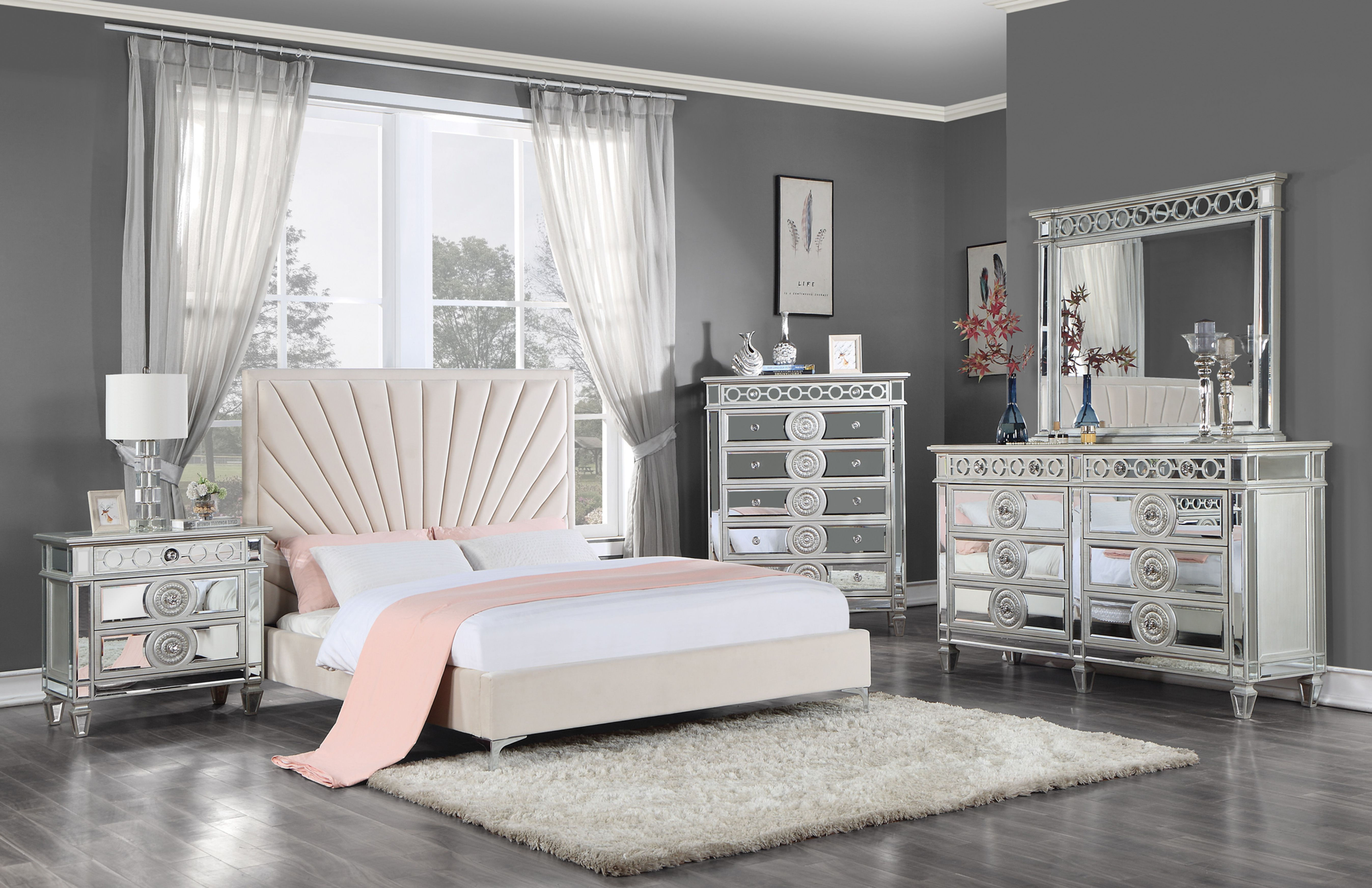 Faiz Acme Beige Velvet Bed