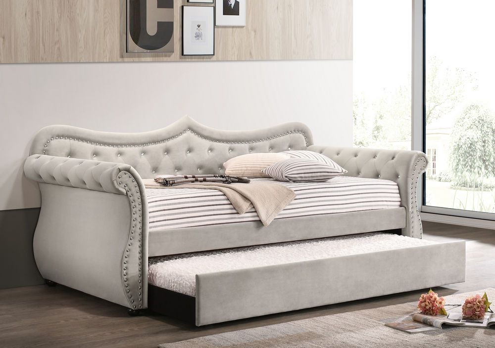 Adkins Beige Velvet-Nailheads Daybed w/Trundle 39430
