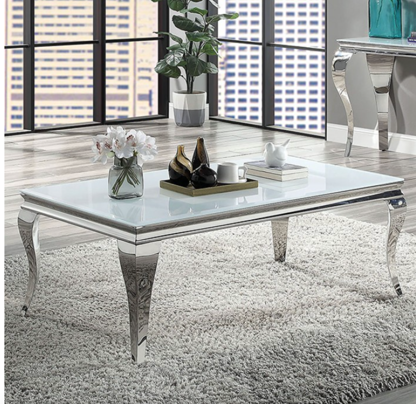 Glam White/Silver Metal Glass Coffee Table FOA CM4903WH-C