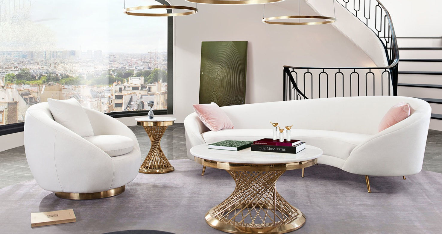 Celine Light Cream Velvet / Gold Legs Sofa