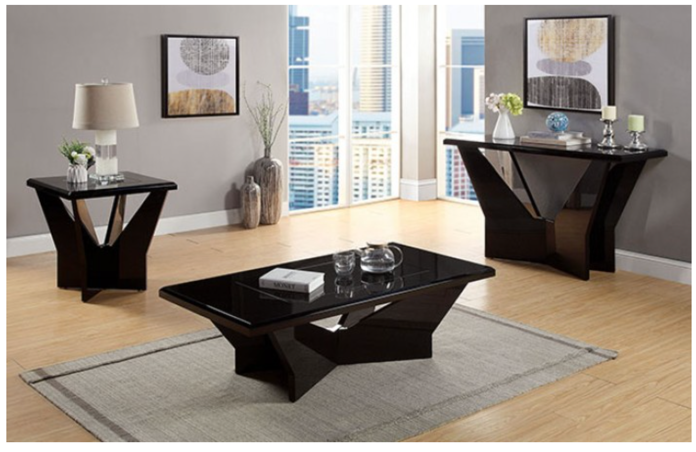 Contemporary Black Glass Top Coffee Table FOA CM4183BK-C