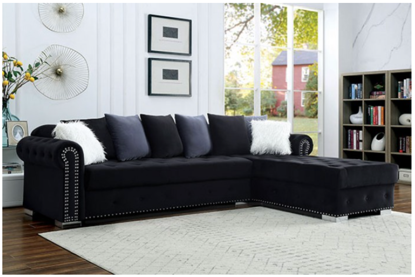 WILMINGTON Glam Black Velvet-Like Fabric Sectional Furniture of America