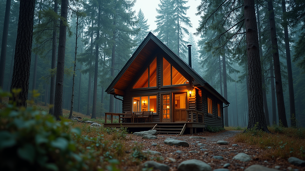 Eye-level view of a cozy cabin in the woods
