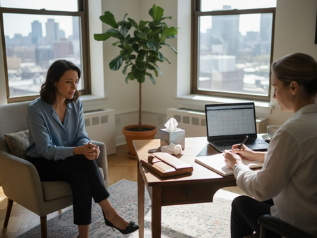 Expat discussing burnout with therapist in office