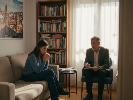 Therapist meeting expat in Madrid sunlit office