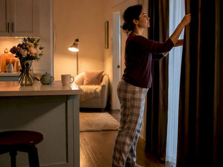 Woman adjusting curtains in bedroom for better sleep