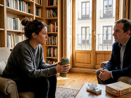Expat woman in therapy in Madrid apartment