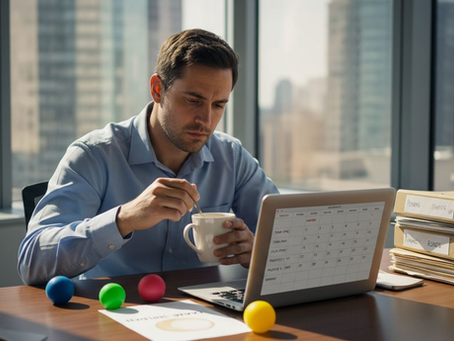 Burnout-fatigued man in messy corner office