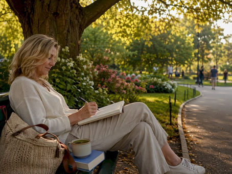 Expat woman journaling at Madrid cafe outdoors