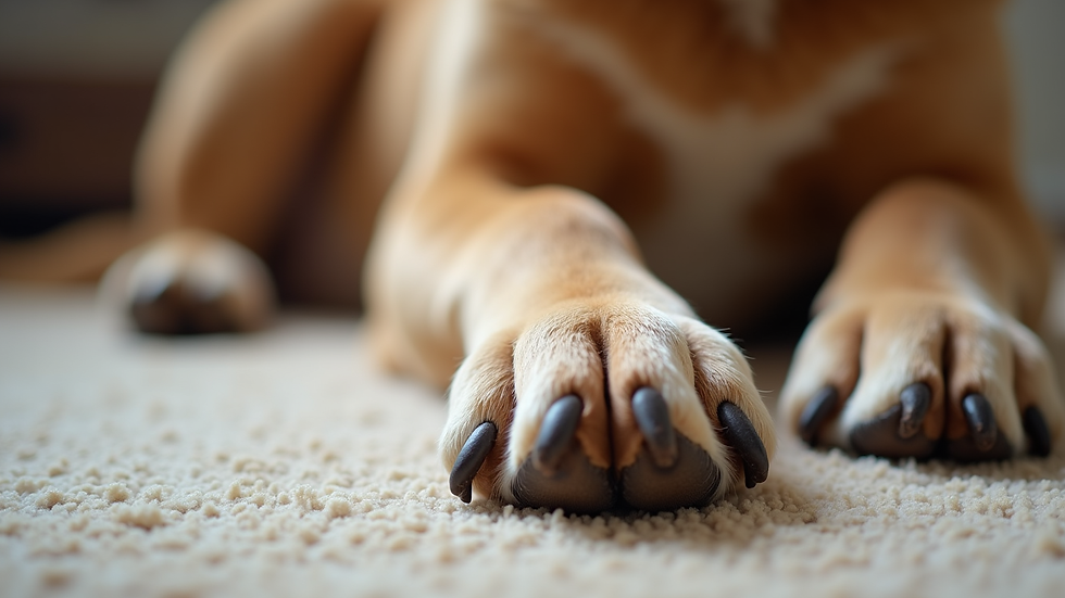 Close-up view of a dog’s paw resting on a carpet during a training session