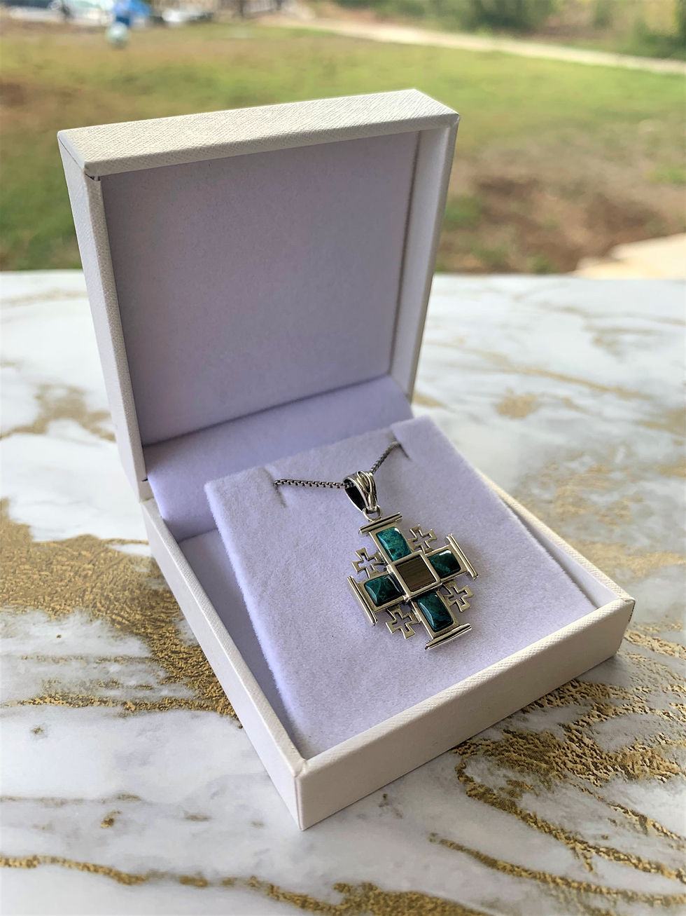 Thumbnail: Jerusalem Cross pendant with New testament Nano Bible Sim, Eilat stone in the jewelry box