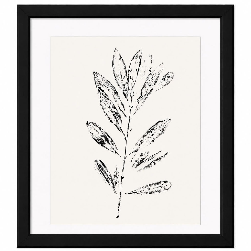 Framed Jerusalem olive branch botanical monoprint display on textured wall background