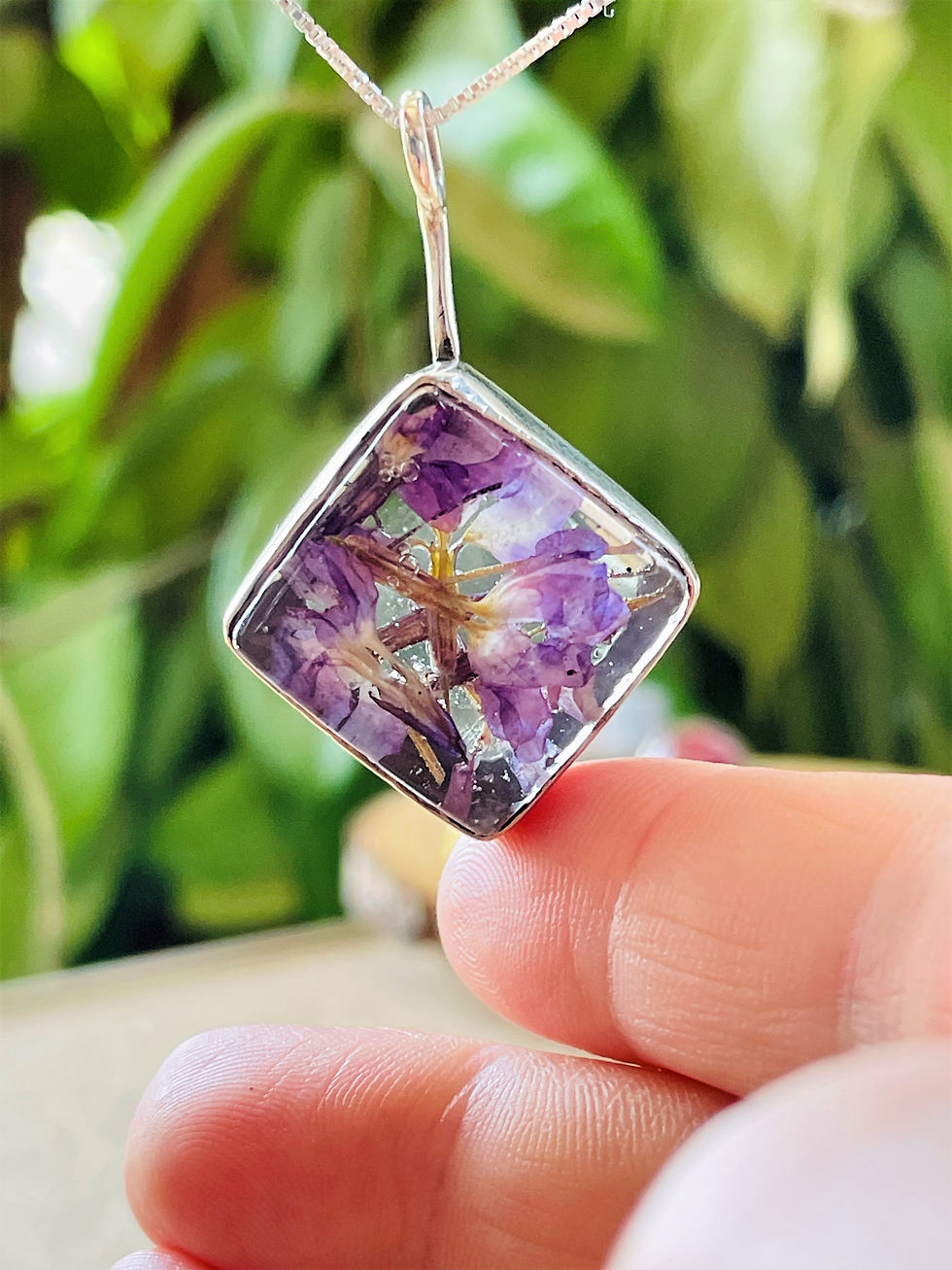 Thumbnail: Silver sterling 925 pendant with real dried flowers, Rhombus, Holy Land flowers