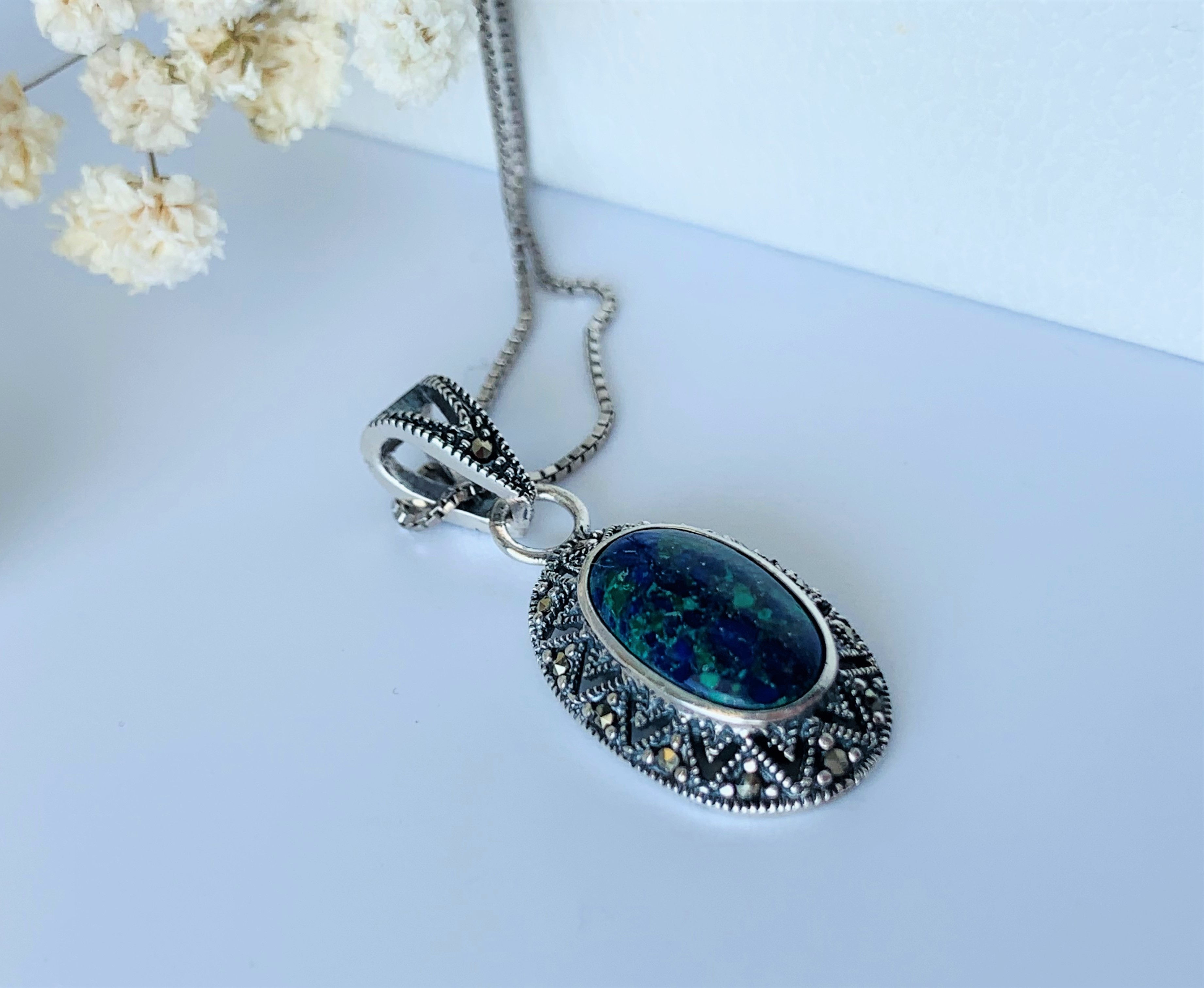 Eilat Stone Pendant, 925 sterling silver with Eilat Stone and a chain