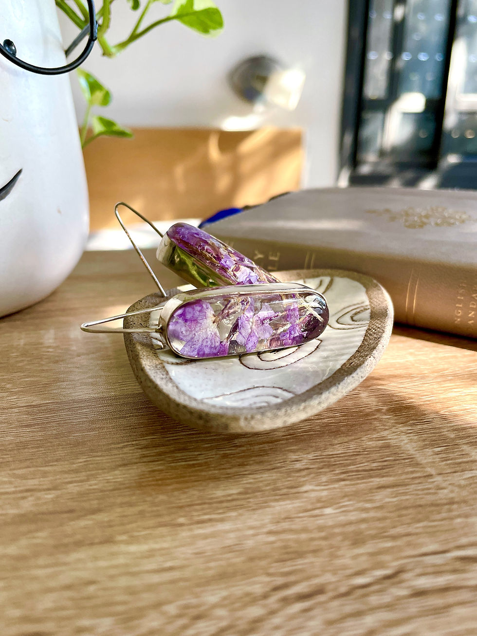 Thumbnail: Silver sterling 925 earrings with real dried flowers, Round Rectangle, Holy Land