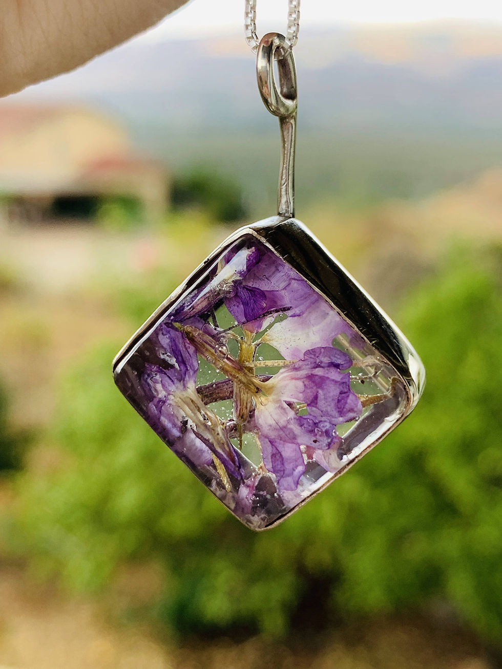 Thumbnail: Silver sterling 925 pendant with real dried flowers, Rhombus, Holy Land flowers