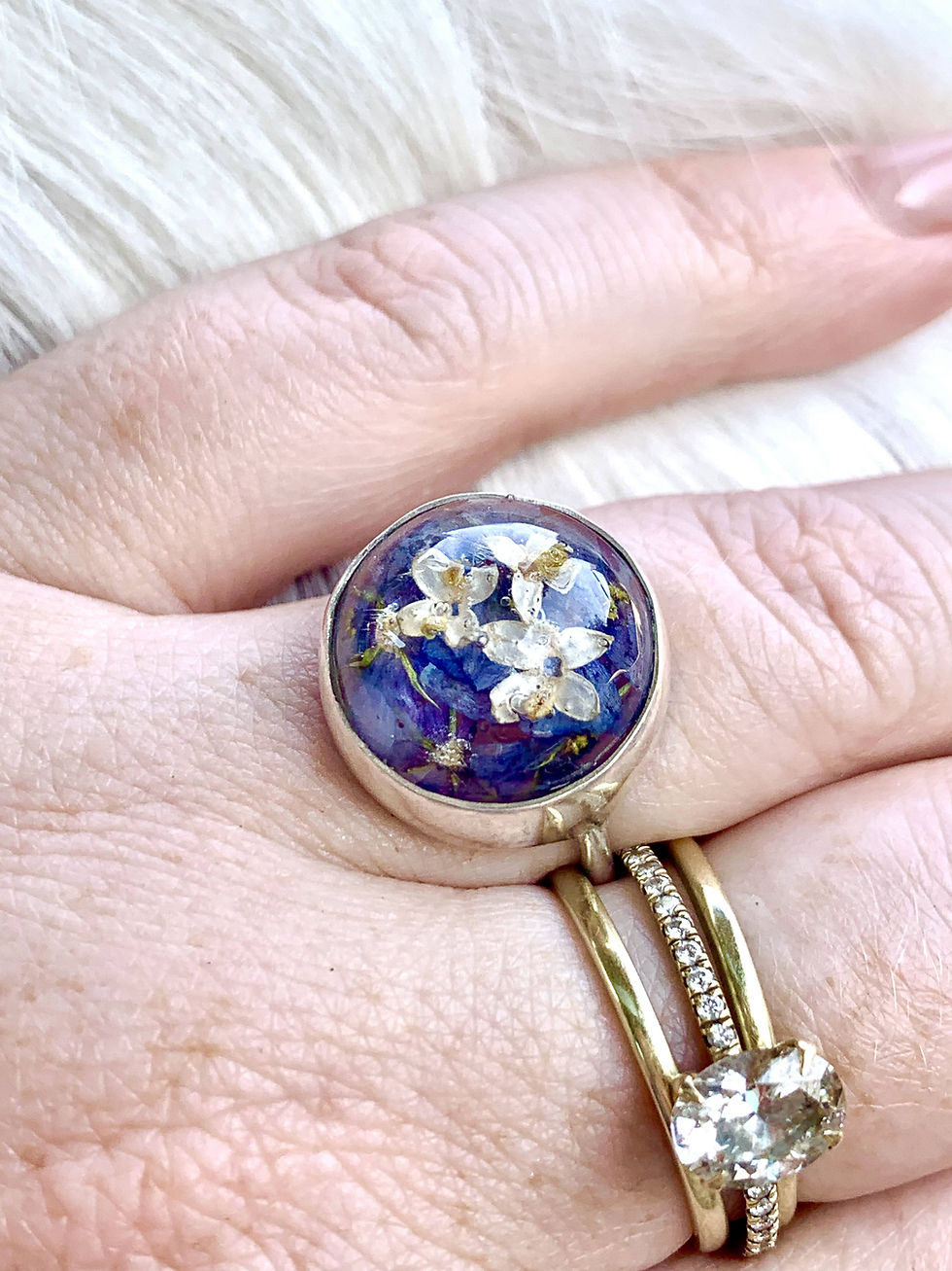Thumbnail: Silver sterling 925 ring with real dried flowers, Round, Big, Gift for her