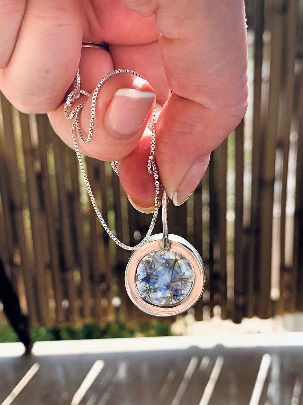 Thumbnail: Silver sterling 925 pendant with real dried flowers, Round, Holy Land flowers