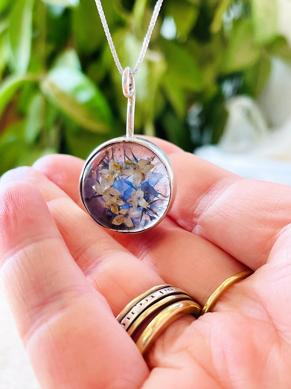 Thumbnail: Silver sterling 925 pendant with real dried flowers, Round, Holy Land flowers