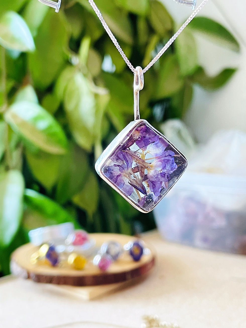 Thumbnail: Silver sterling 925 pendant with real dried flowers, Rhombus, Holy Land flowers