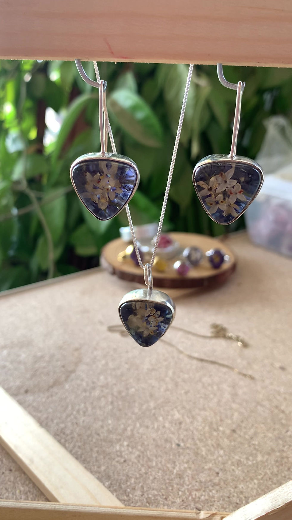 Thumbnail: Set of Silver Upside-Down Triangle dangle handmade earrings and pendant