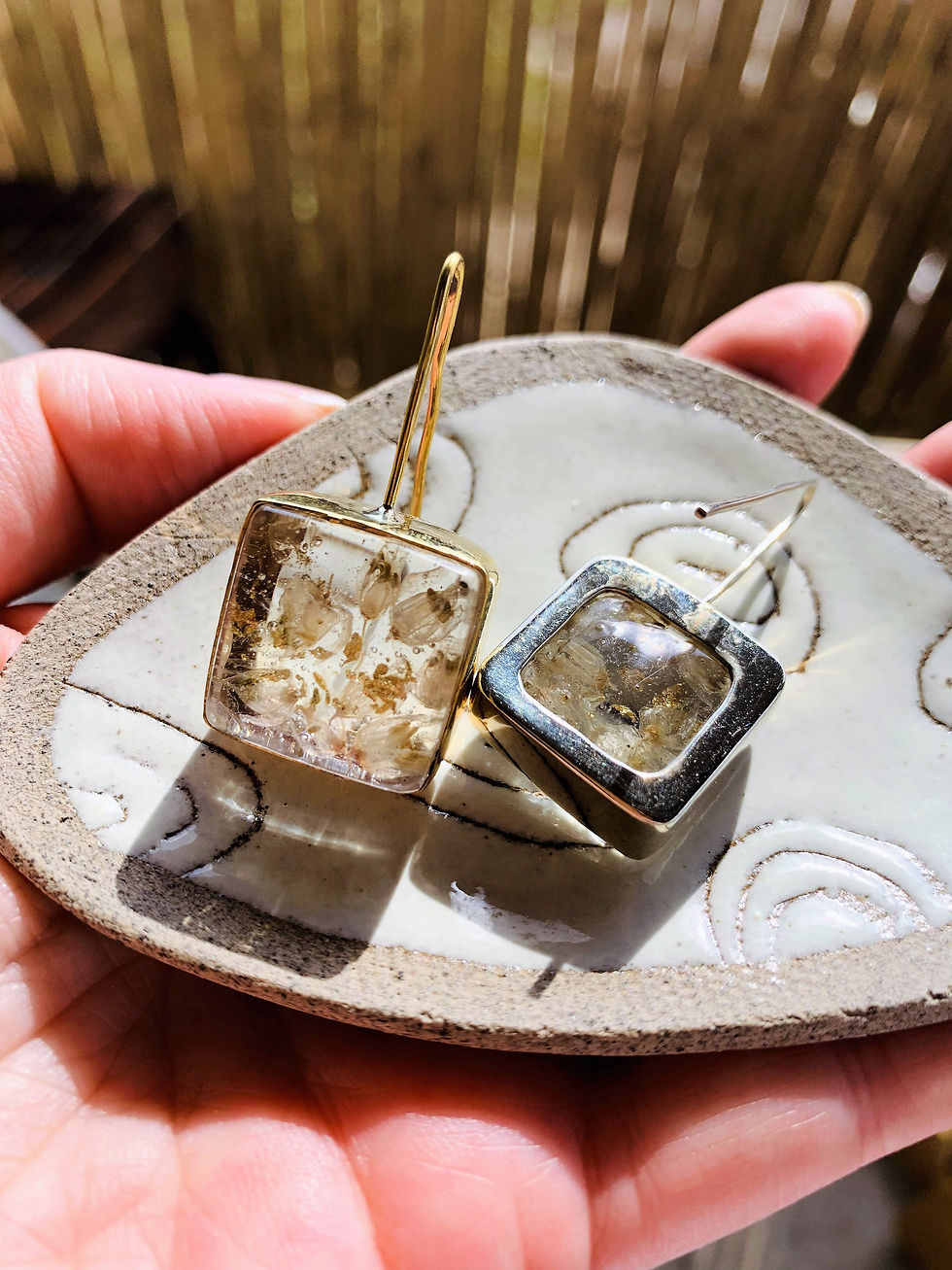 Thumbnail: 14K Gold Plated Silver sterling 925 earrings with real dried flowers, Square
