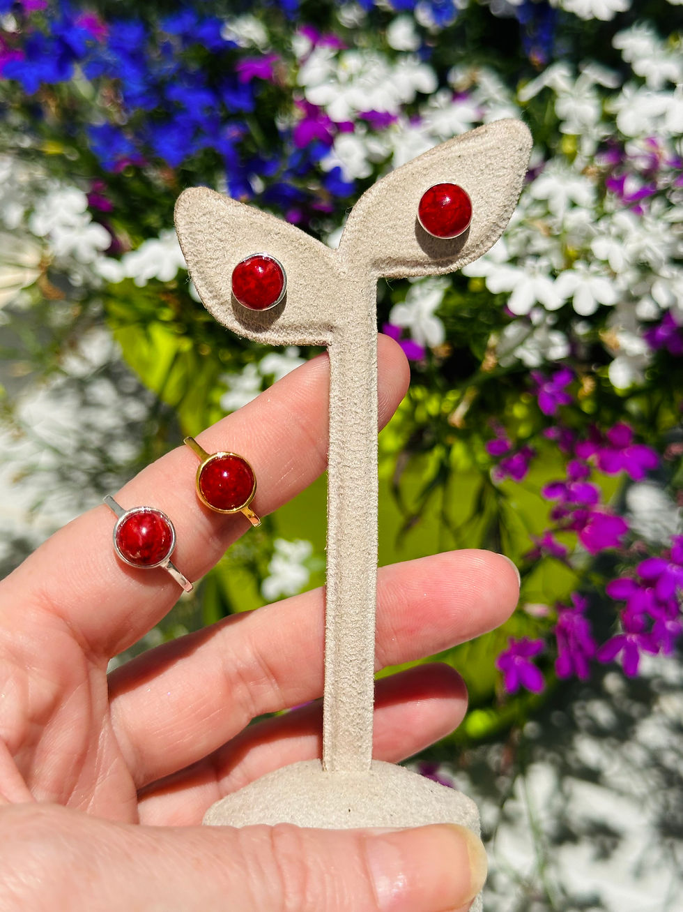 Thumbnail: Set of round red silver sterling and gold plated earrings and rings with the pomegranate flowers from the Holy Land