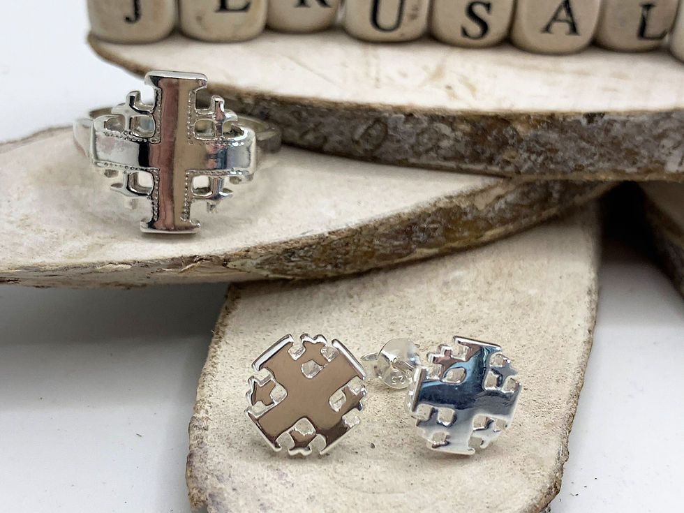 Thumbnail: Set of ring and stud or dangle earrings, Jerusalem cross, 925 sterling silver