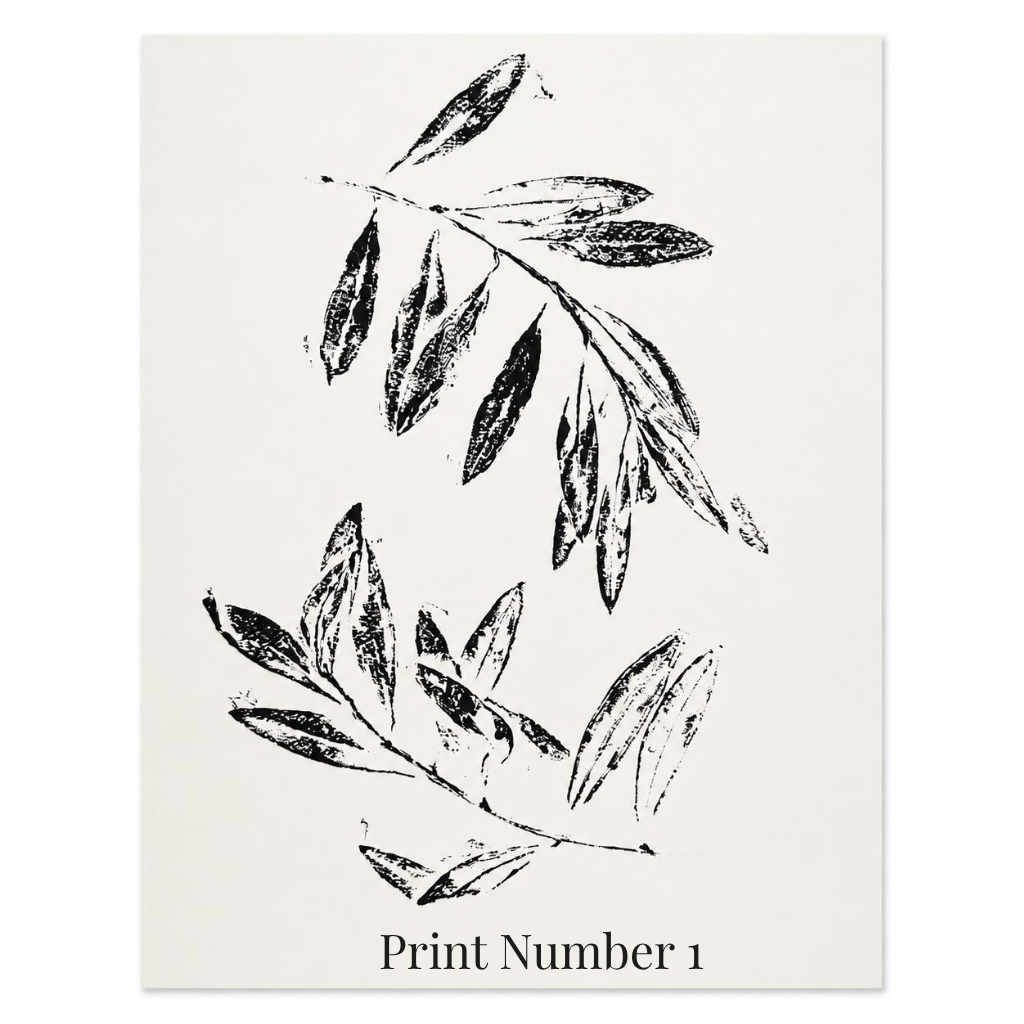 Original Jerusalem dual olive branches botanical monoprint print featuring detailed double leaf textures signed by artist Ale
