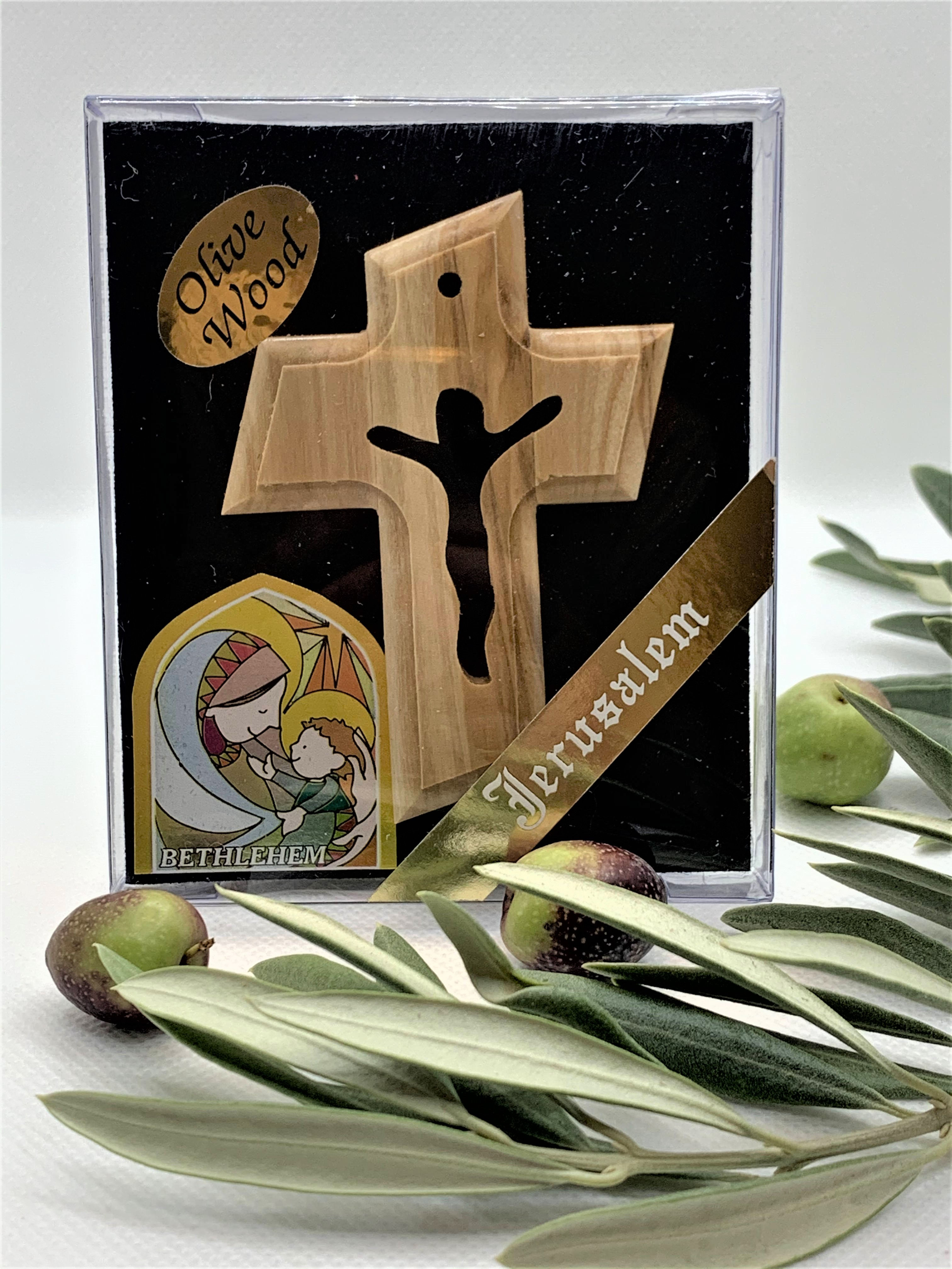 Olive wood engraved cross, Ornaments for Nativity set and christmas tree