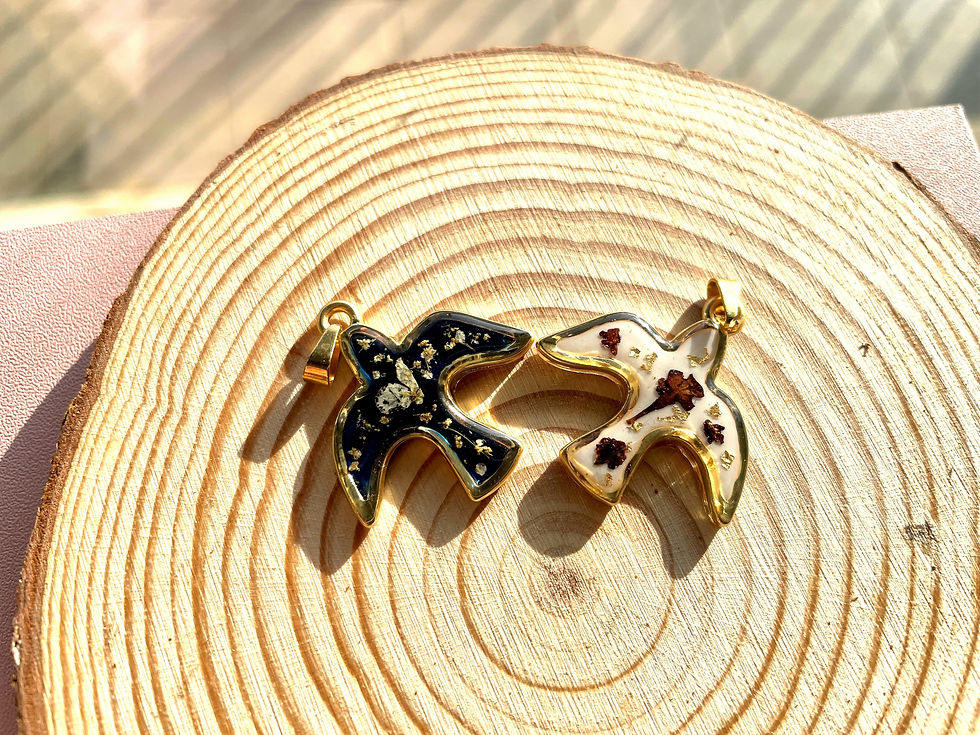 Thumbnail: Christian Jewelry, Gold plated mat 24 k dove pendant with real dried flowers from the Holy Land, on the model neck