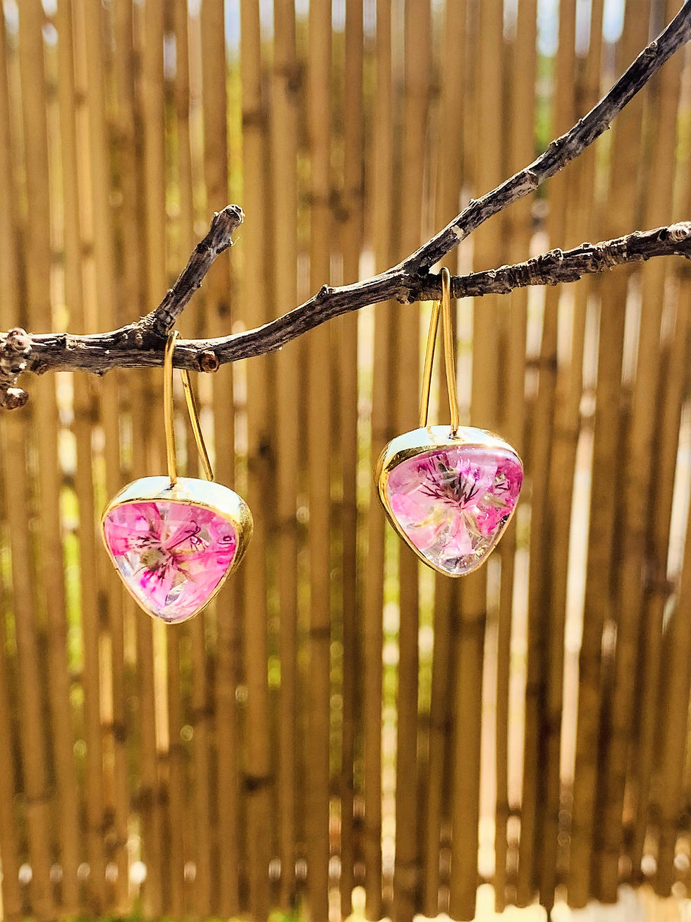 Thumbnail: 14K Gold Plated Silver sterling earrings with real flowers, Upside-down triangle