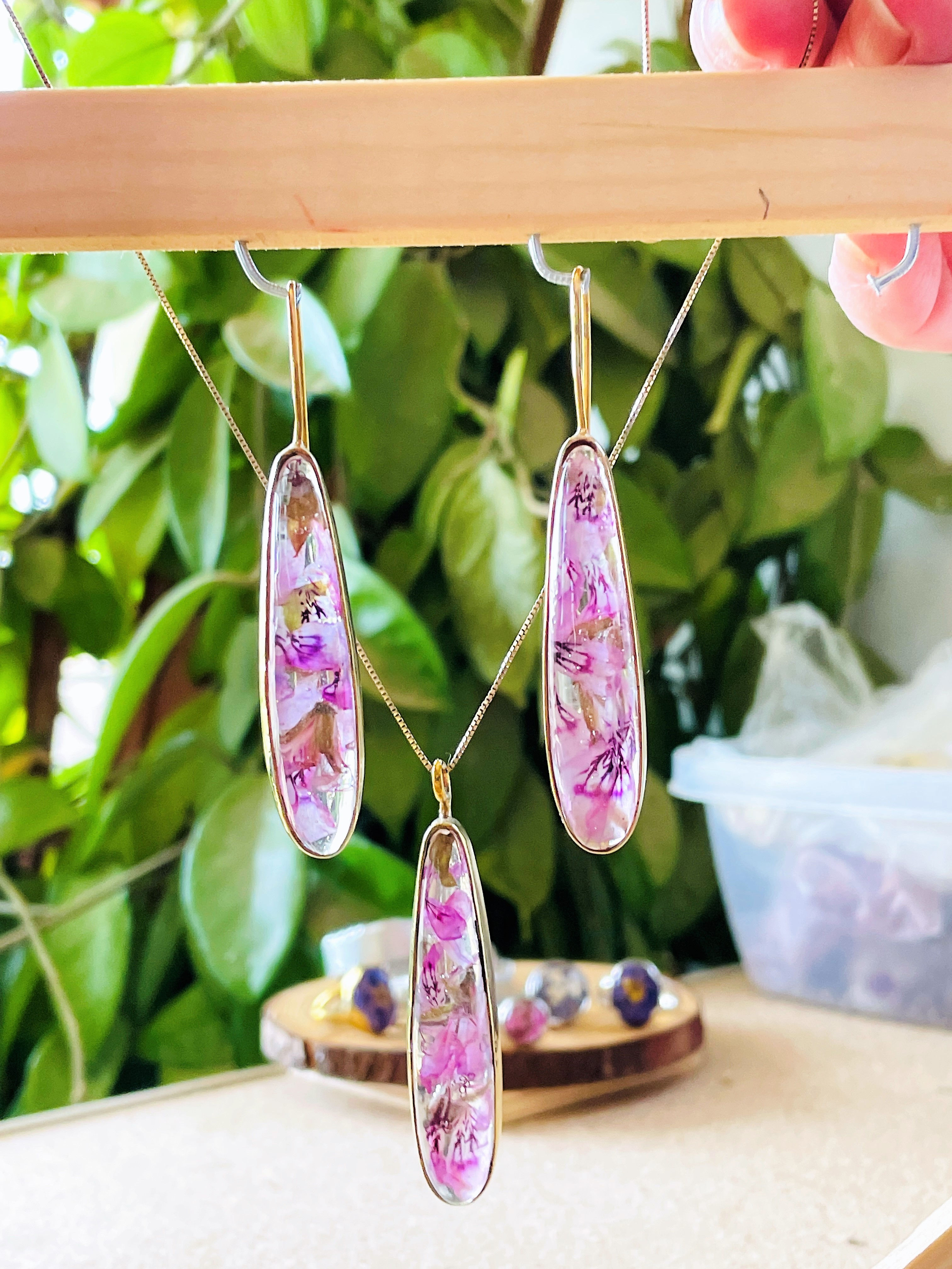 Set of Gold plated Silver long drop dangle handmade earrings and drop pendant