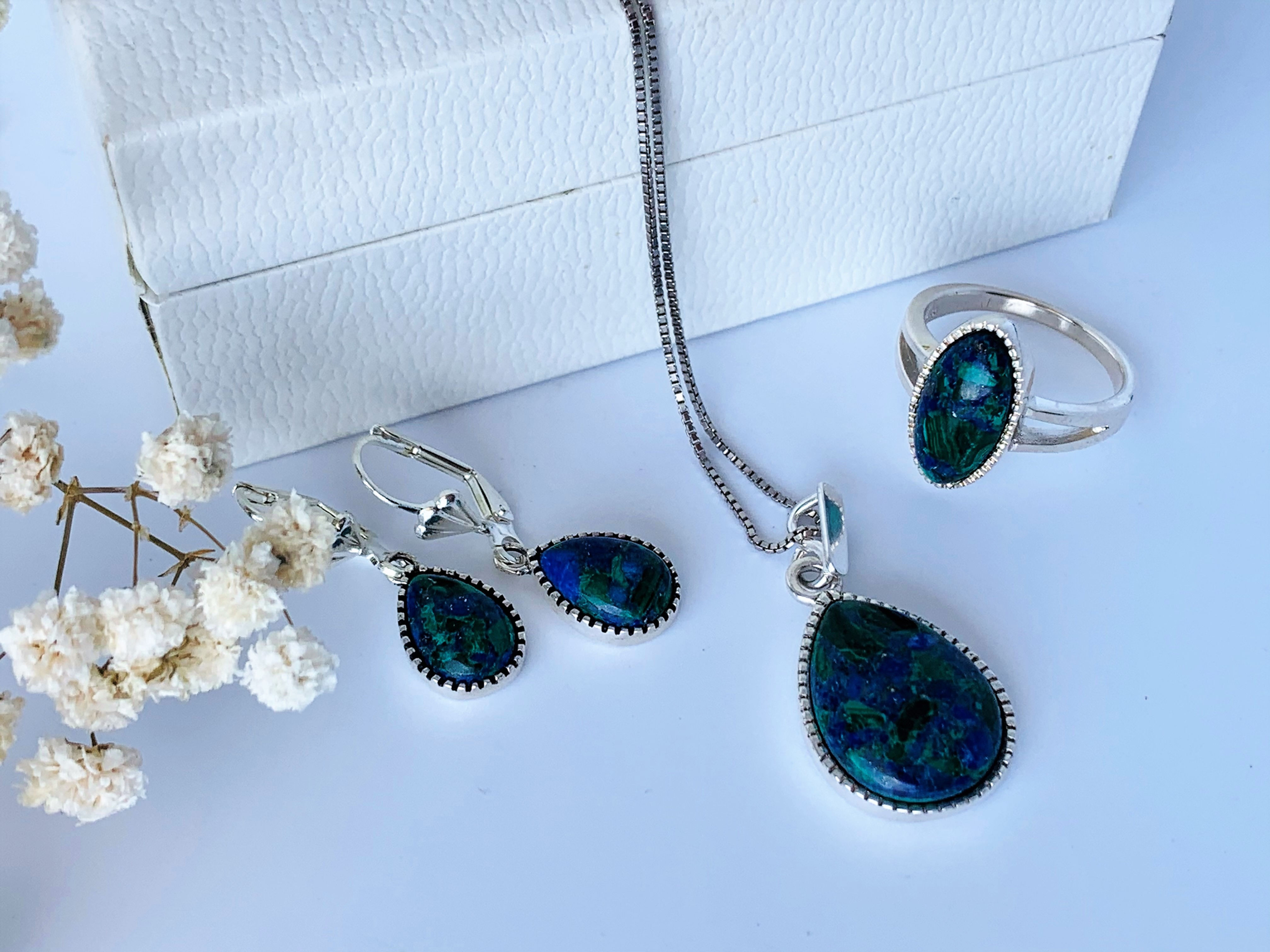 Set of Eilat Stone Pendant, Earrings and Ring, 925 sterling silver