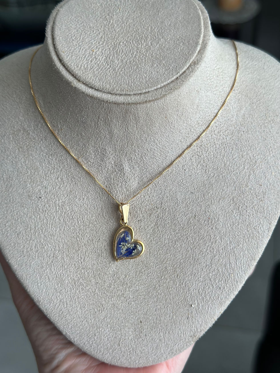 Thumbnail: Gold Plated Heart pendant with real dried blue wthite flowers from the Holy Land