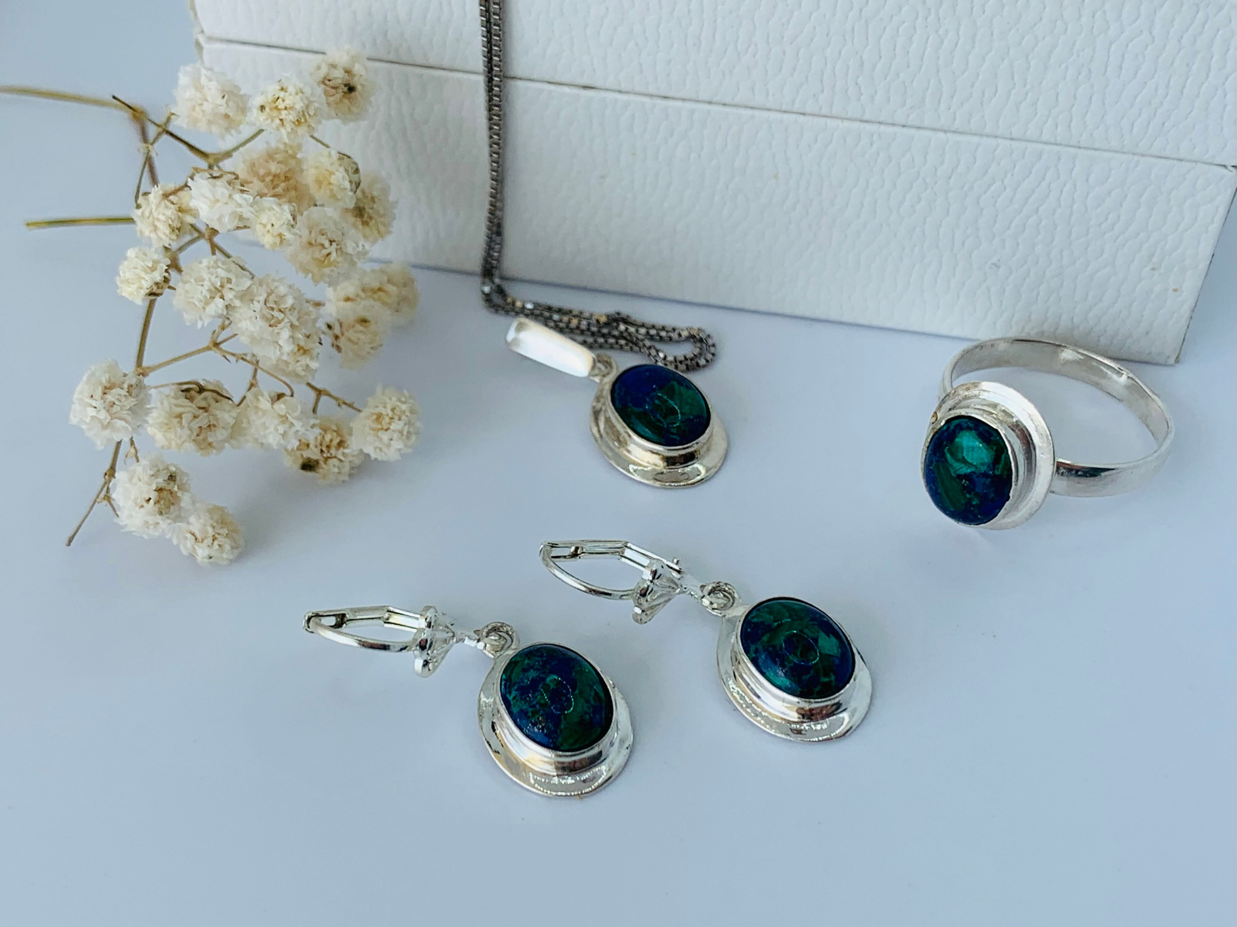 Set of Eilat Stone Pendant, Earrings and Ring, 925 sterling silver