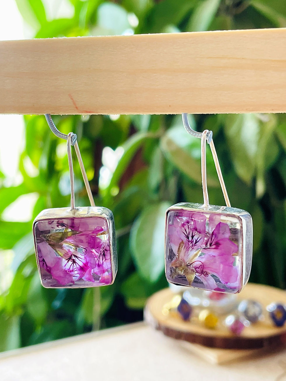 Thumbnail: Silver sterling 925 earrings with real dried flowers, Square, Holy Land flowers