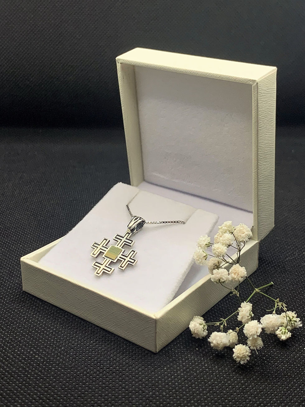 Thumbnail: Jerusalem Cross pendant with New testament Nano Bible Sim in the white jewelry box
