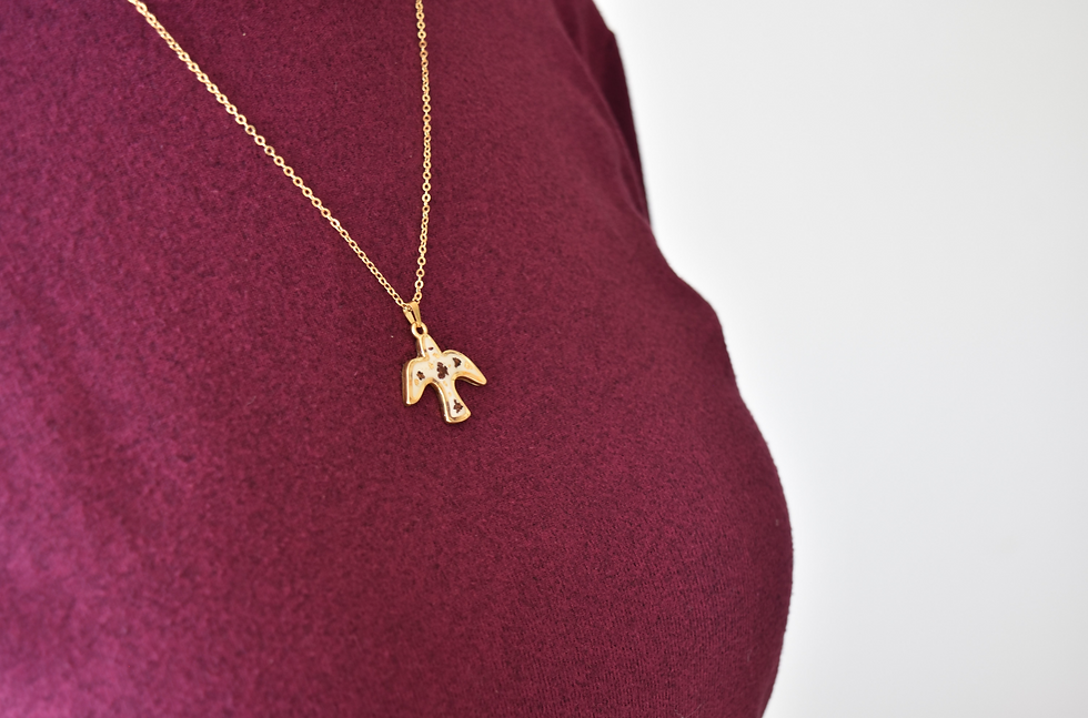 Thumbnail: Christian Jewelry, Gold plated mat 24 k dove pendant with real dried flowers from the Holy Land, on the model neck