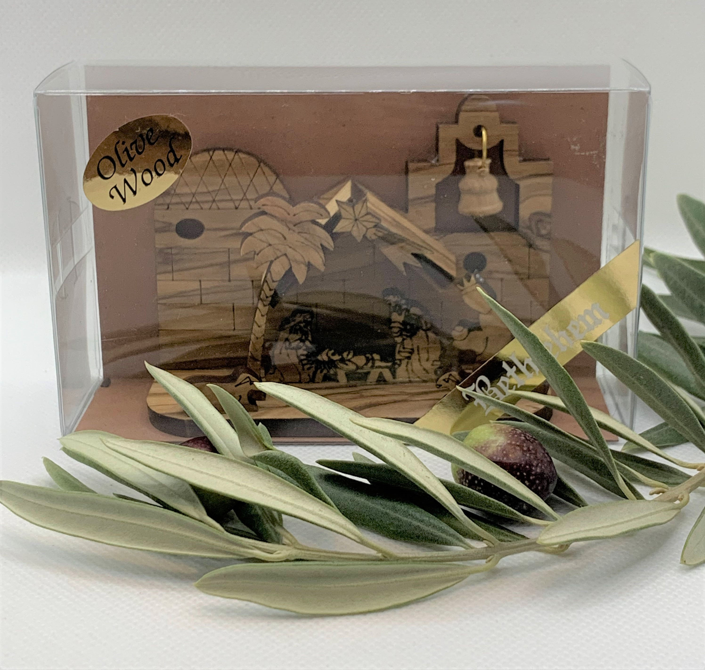 Olive wood cave with bell inside, Ornaments for Nativity set and christmas tree