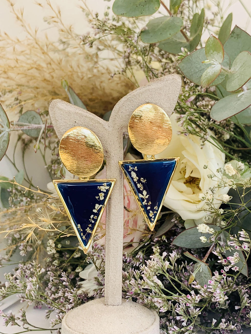 Thumbnail: Christan jewelry, gold plated 24 k dangle handmade earrings with real dried flowers from the Holy Land, on the earrings stand