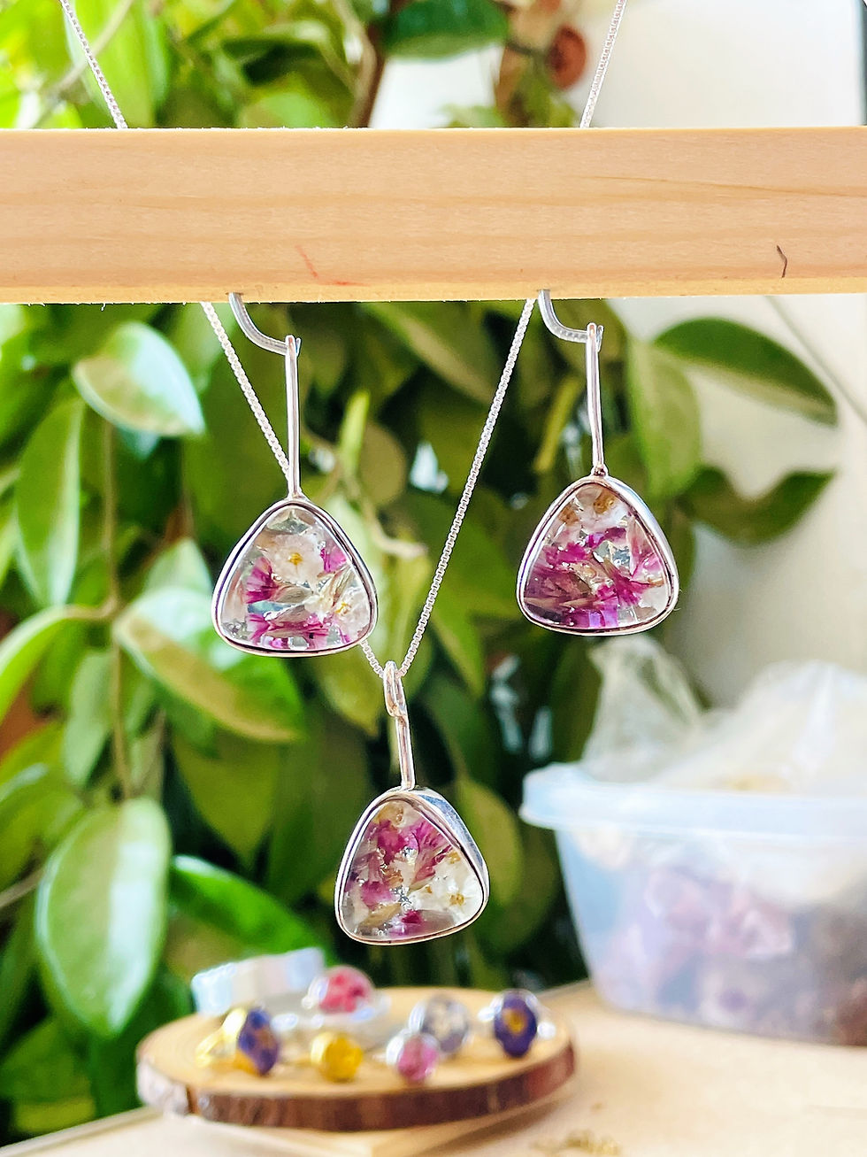 Thumbnail: Set of Silver Triangle dangle handmade earrings and triangle pendant with flower
