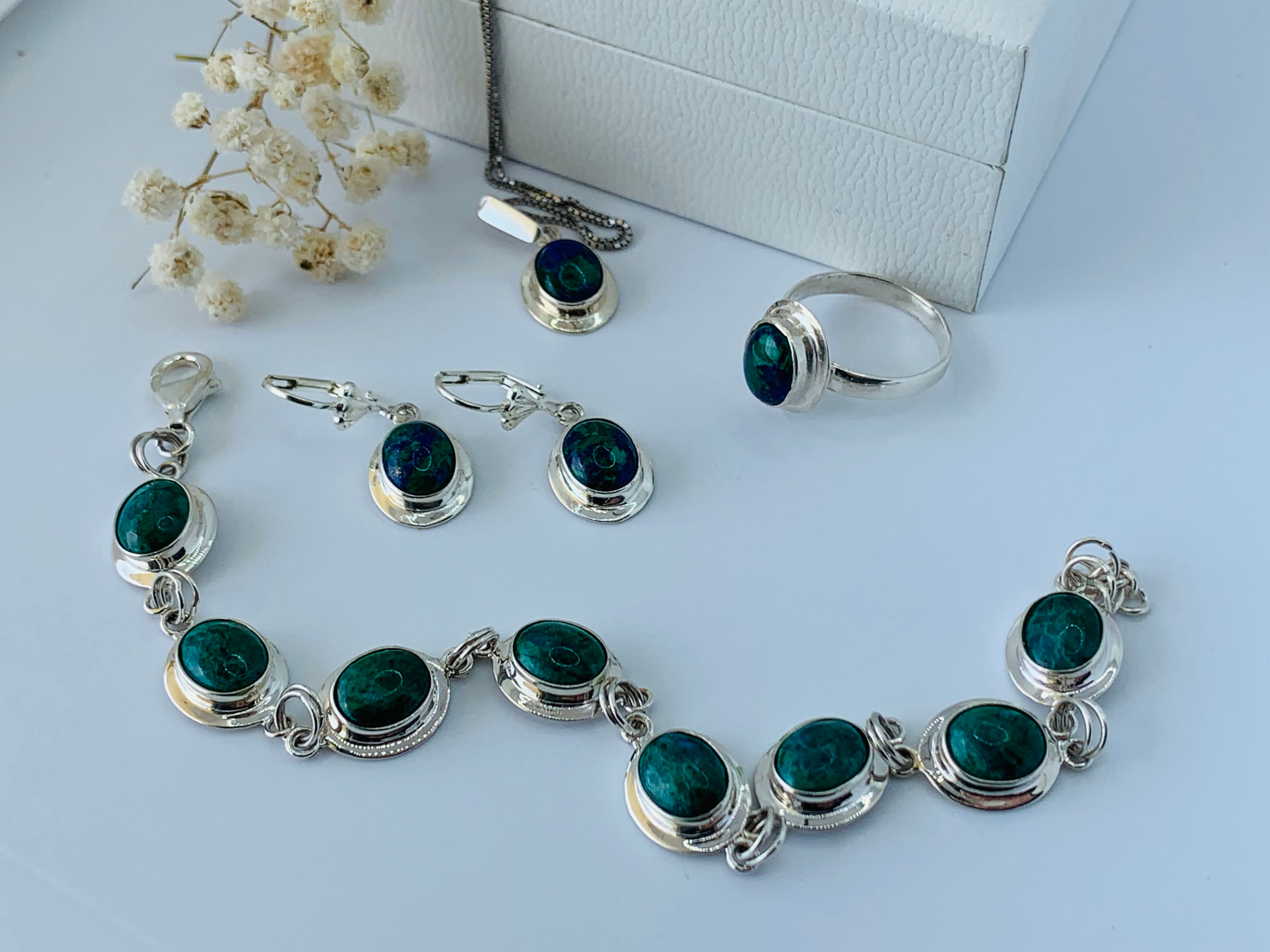 Set of Eilat Stone Bracelet, Pendant, Earrings and Ring, 925 sterling silver
