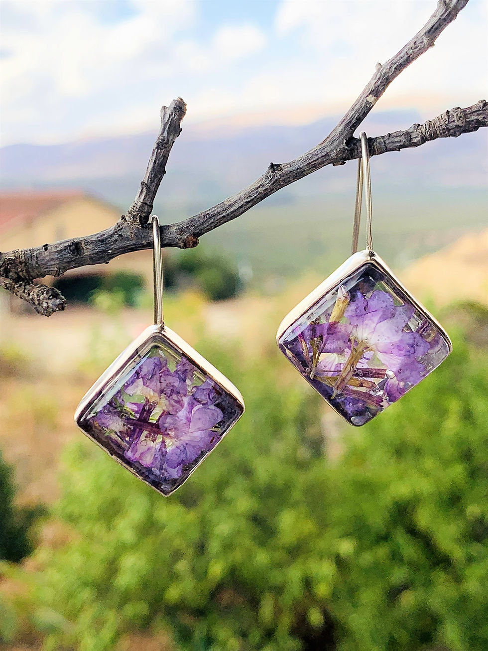 Thumbnail: Silver sterling 925 earrings with real dried flowers, Rhombus, Holy Land flowers